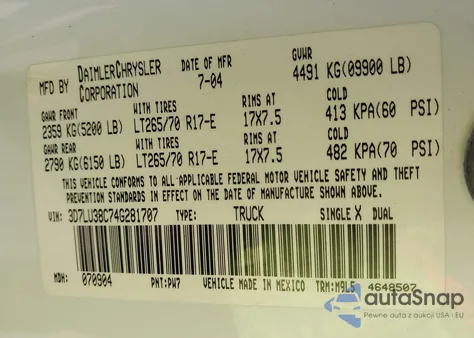 2004 Dodge Ram 3500 Slt/Laramie из США, поврежденный, VIN 3D7LU38C74G281707